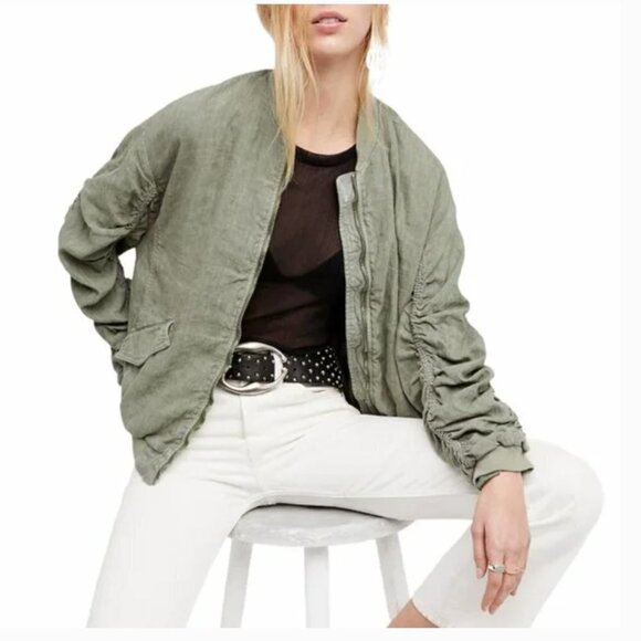 FREE PEOPLE Ruched Linen Bomber Jacket - Picture 1 of 8